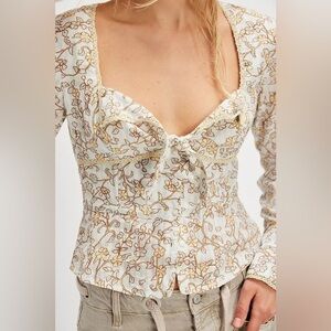 Free People Cream and Gold Floral Blouse